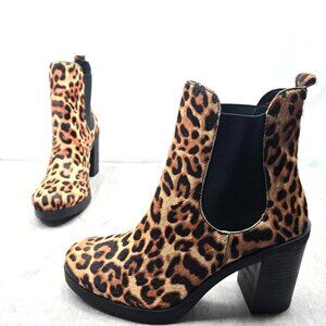 Crown Vintage Platform Fur Ankle Booties Leopard Print Chunky Block Heel Boot